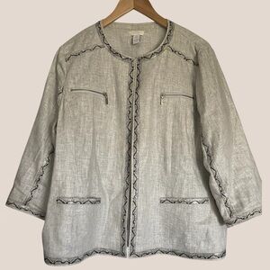 Chicos | Linen Blend Lightweight Faux Snakeskin Trim Blazer Jacket